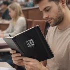 Man reading a Moleskine Classic Leather Notebook Large with YOUR LOGO HERE in a classroom.