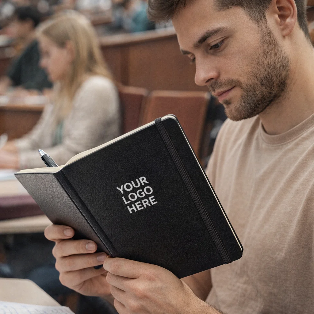 Man reading a Moleskine Classic Leather Notebook Large with YOUR LOGO HERE in a classroom.