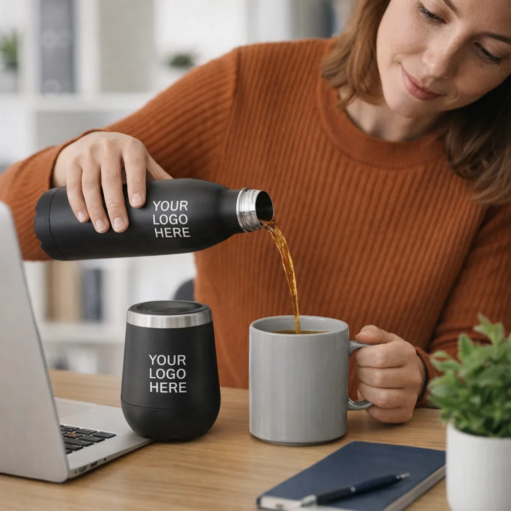 Woman pours drink from Mirage Vacuum Gift Set into mug at desk, both with Your Logo Here.