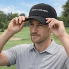 Man in a gray polo adjusts a black Promotional Tour Caps Titleist on a golf course.
