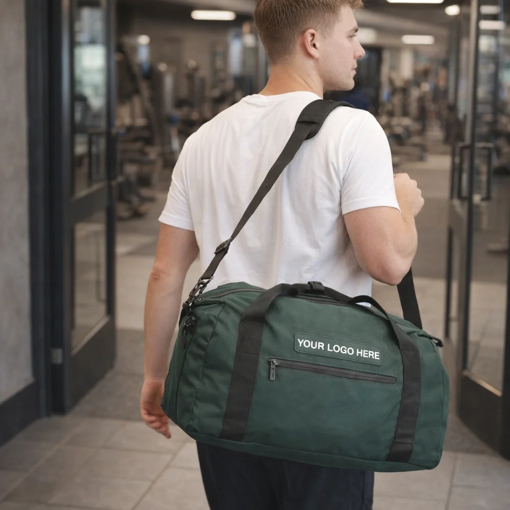 Man in a white shirt carrying a green Titleist Custom Branded Boston Bag with Your Logo Here.