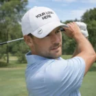 Man in light blue shirt golfing, wearing a white Titleist Sports Cap.