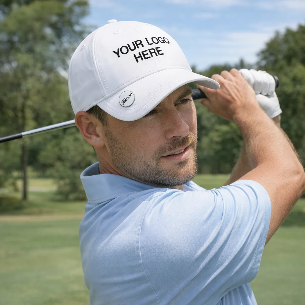 Man in light blue shirt golfing, wearing a white Titleist Sports Cap.
