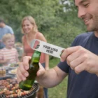 Man opens bottle with Chantilly Bottle Opener at barbecue, family gathered behind him.