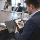 Man taking notes with a Mid Sized Jacobson Padfolios Custom at the conference table.