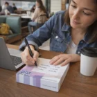 Marlee Memo Note Pads - 200 Leaves sit by a laptop as a woman writes at the table.
