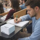 Man in a lecture hall taking notes with Hattie Cube Note Pads - 400 Leaves on his desk.
