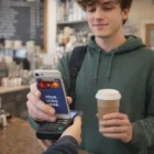 Young man pays at cafe using Flynn Silicone Phone Wallets displaying your custom logo.