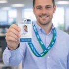 Smiling man displays a Usera Duplex Lanyards ID badge with "YOUR LOGO HERE" in an office.