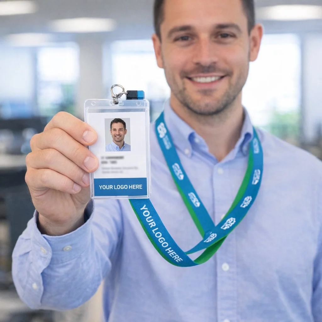 Smiling man displays a Usera Duplex Lanyards ID badge with "YOUR LOGO HERE" in an office.