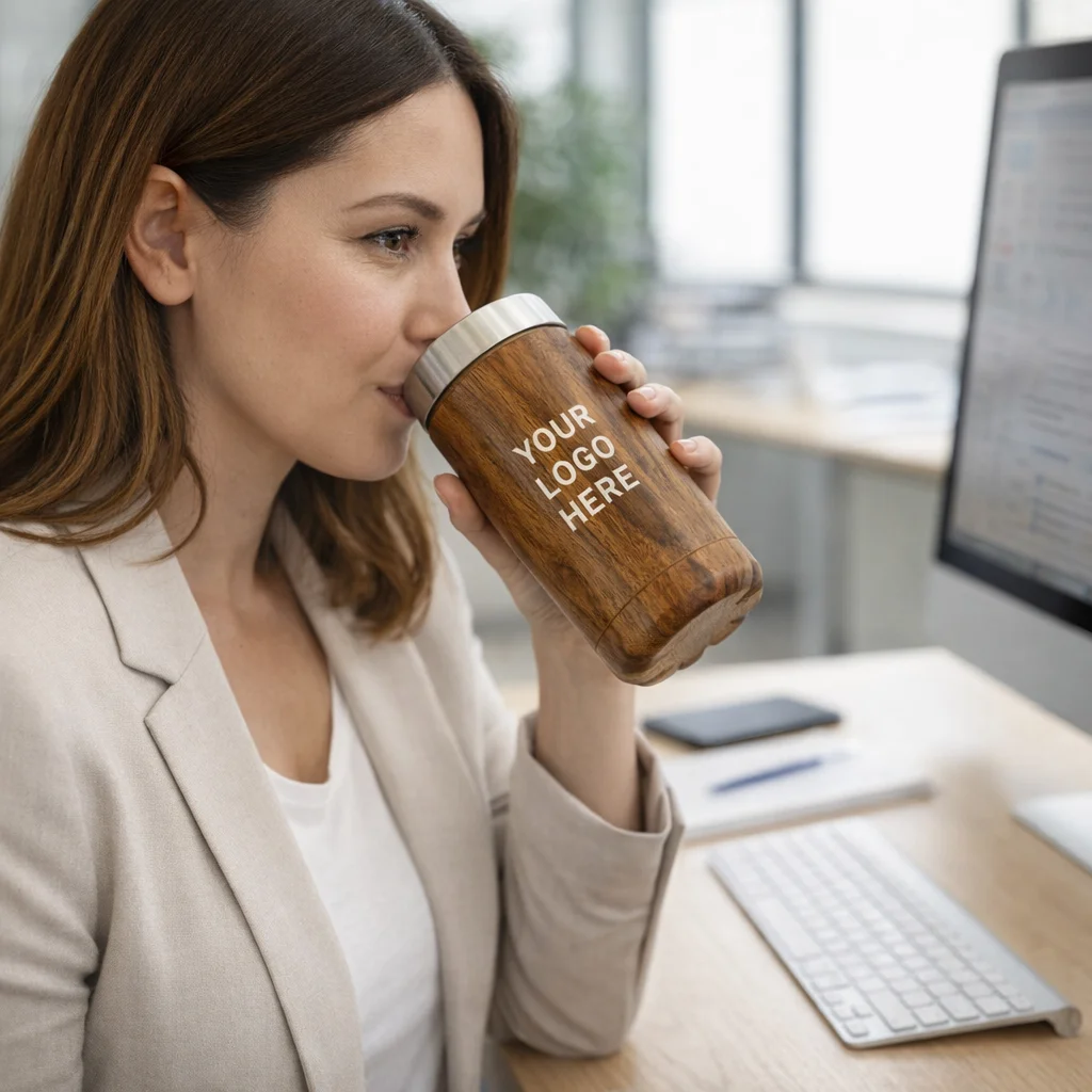 A woman at her desk drinks from a Zola tumbler, part of the Zola Vacuum Gift Sets.