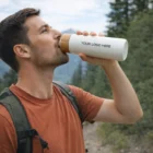 Man drinking from a Raya Double Wall Ceramic Bottle outdoors with trees in the background.