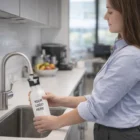 Woman fills a 500ml Tucker Custom Bottles - 500Ml labeled YOUR LOGO HERE at the kitchen sink.