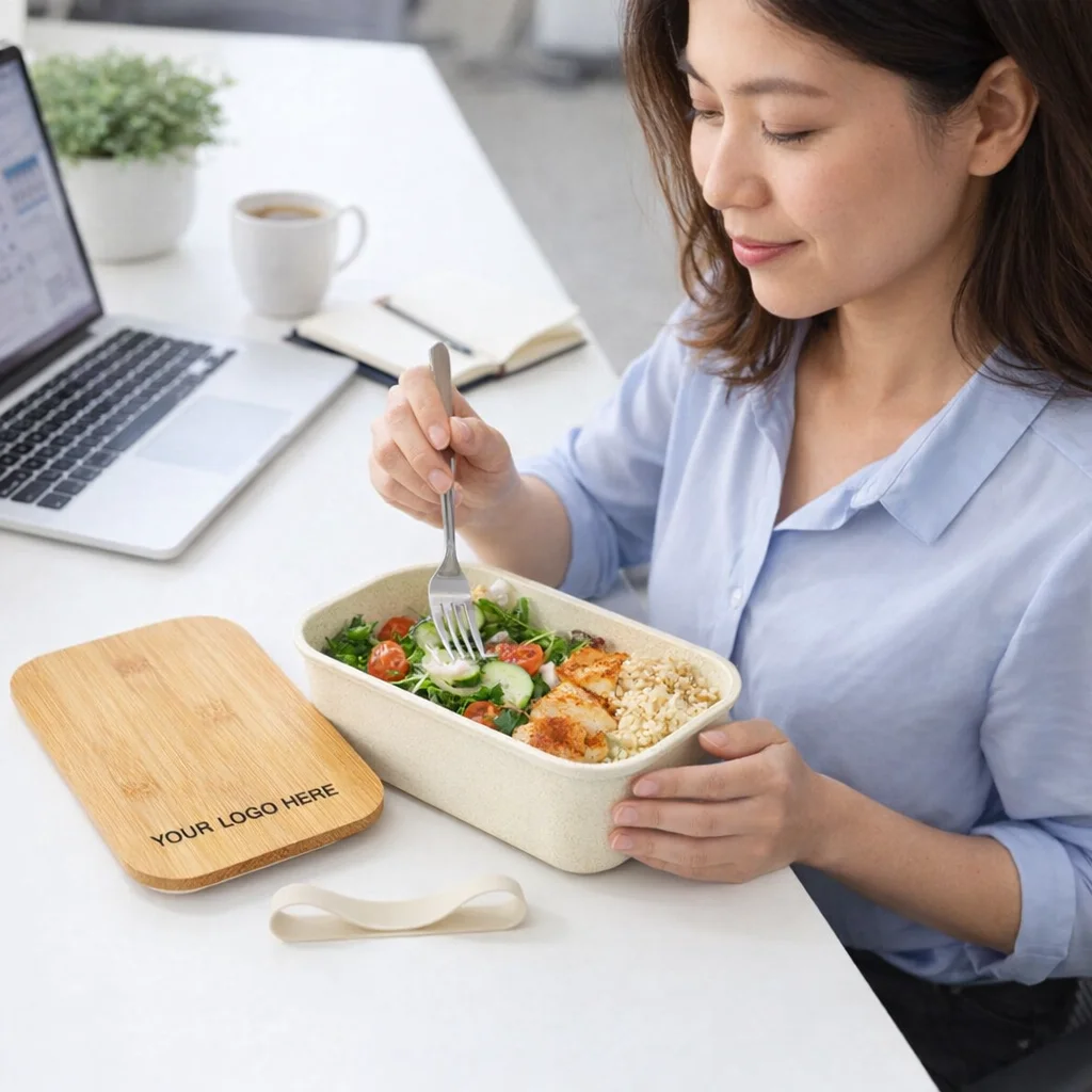 Woman at desk with salad, laptop, and Porter Logo Emblazoned Eco Lunch Boxes nearby.