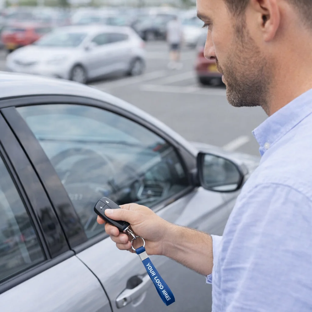 Man unlocking car with Remi Key Rings - Debossed in parking lot.
