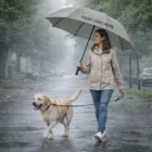 Woman walks dog in rain under a gray Soraya Umbrellas - Elite marked with YOUR LOGO HERE.