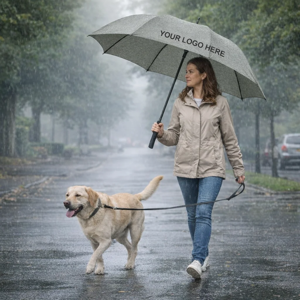 Woman walks dog in rain under a gray Soraya Umbrellas - Elite marked with YOUR LOGO HERE.