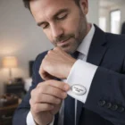 Man in suit adjusts Burton Metal Cufflinks With Logo Branding while standing in an office.