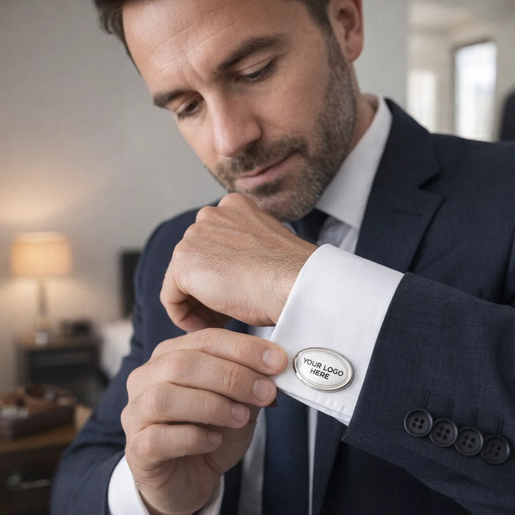 Man in suit adjusts Burton Metal Cufflinks With Logo Branding while standing in an office.