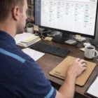 Man at tidy desk using Oakridge Custom Mouse Mats with his desktop computer.