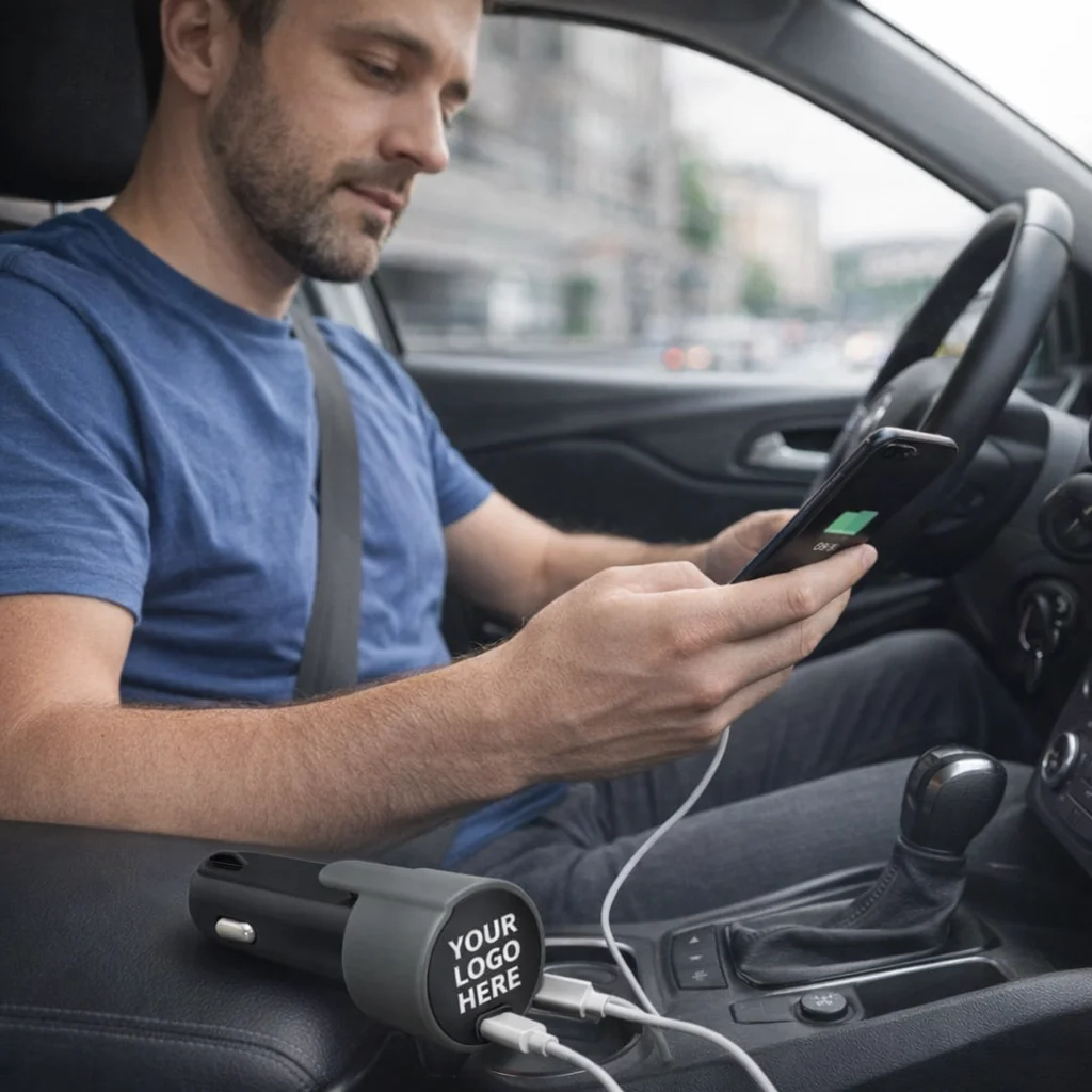 Man charges phone in car with Swiss Peak 3-In-1 Safety Charger labeled YOUR LOGO HERE.