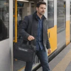 Man stepping off a train, carrying a Swiss Peak Voyager Laptop Bag with branded logo.