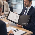 Man in suit shows open Swiss Peak Heritage A4 Portfolio With Zipper in meeting with charts.