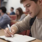 A young man takes notes with Moleskine Go Pens during a lecture in a classroom setting.