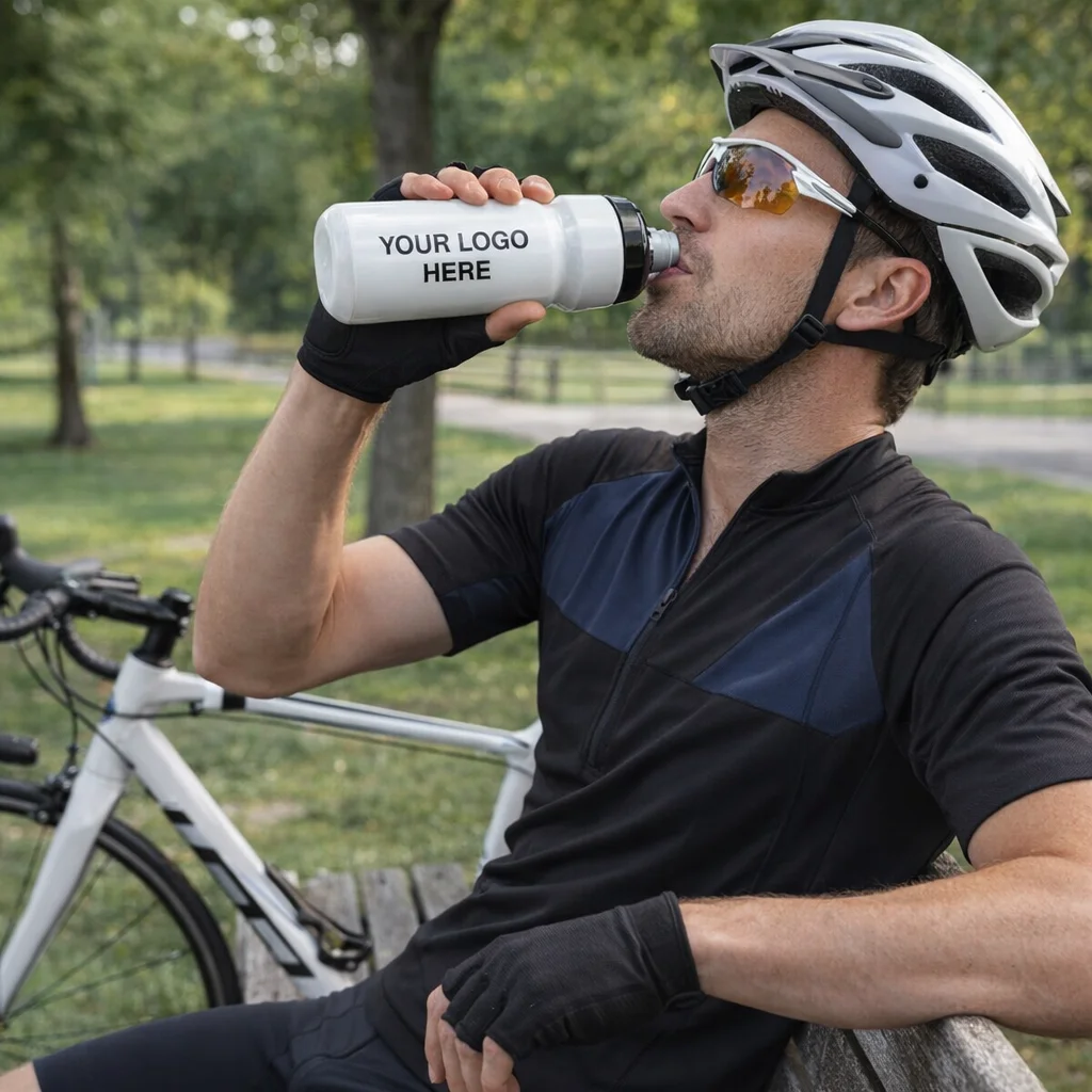 Cyclist on bench drinks from a Camelbak Podium Bike Bottle with custom logo.