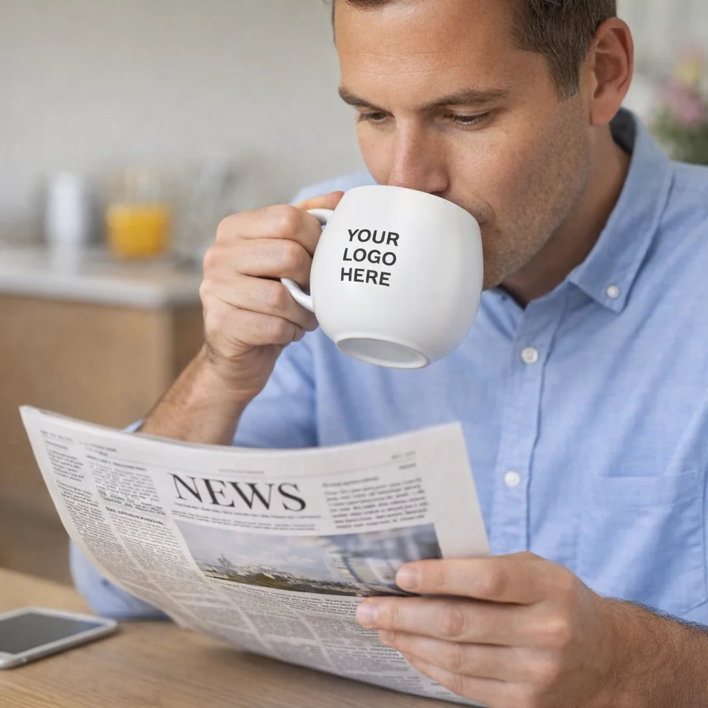 Man reads a newspaper while sipping from a Wyre Coffee Mug.