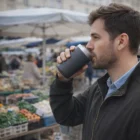Man drinks from a Torpedo Coffee Cup at an outdoor market with produce stalls behind him.