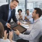 Smiling man hands plaque and Moleskine Notebook And Pen Gift Set to colleague as others applaud.