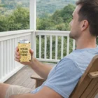Man relaxing on a porch holding a Stockport Stubby Cooler with "Your Logo Here" on it.