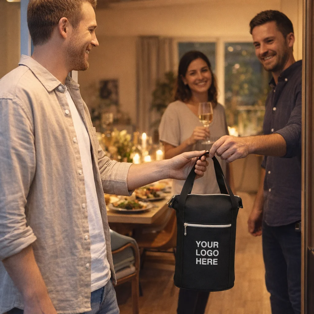 Friends exchanging Tamarama Logo Imprinted Wine Chiller Bags with logo on the front.