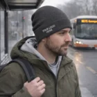 Man in Ozzy Slouch Beanies and jacket waits at bus stop with city bus in the background.