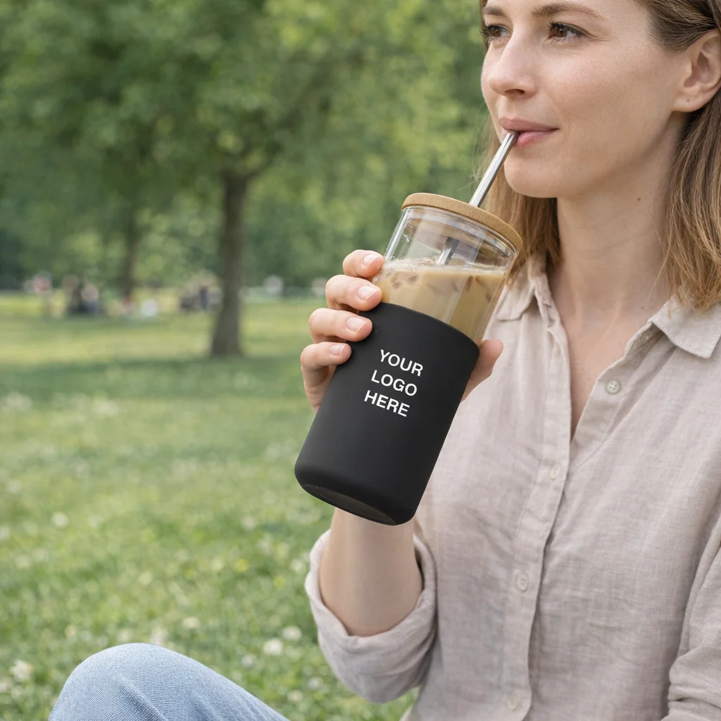 Woman sipping iced coffee from Sleek Glass Tumblers in a park.