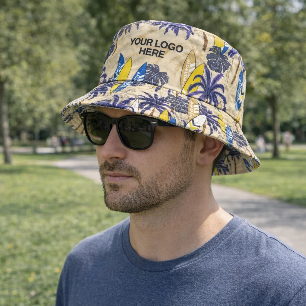 Man wearing sunglasses and Kyler Custom Bucket Hats that say YOUR LOGO HERE in a park.