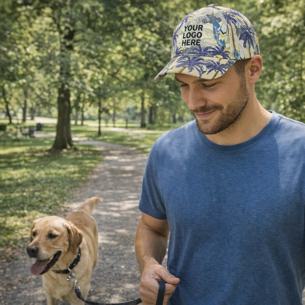 Man in blue shirt walks dog, wearing a Jax Custom Caps hat reading "Your Logo Here.