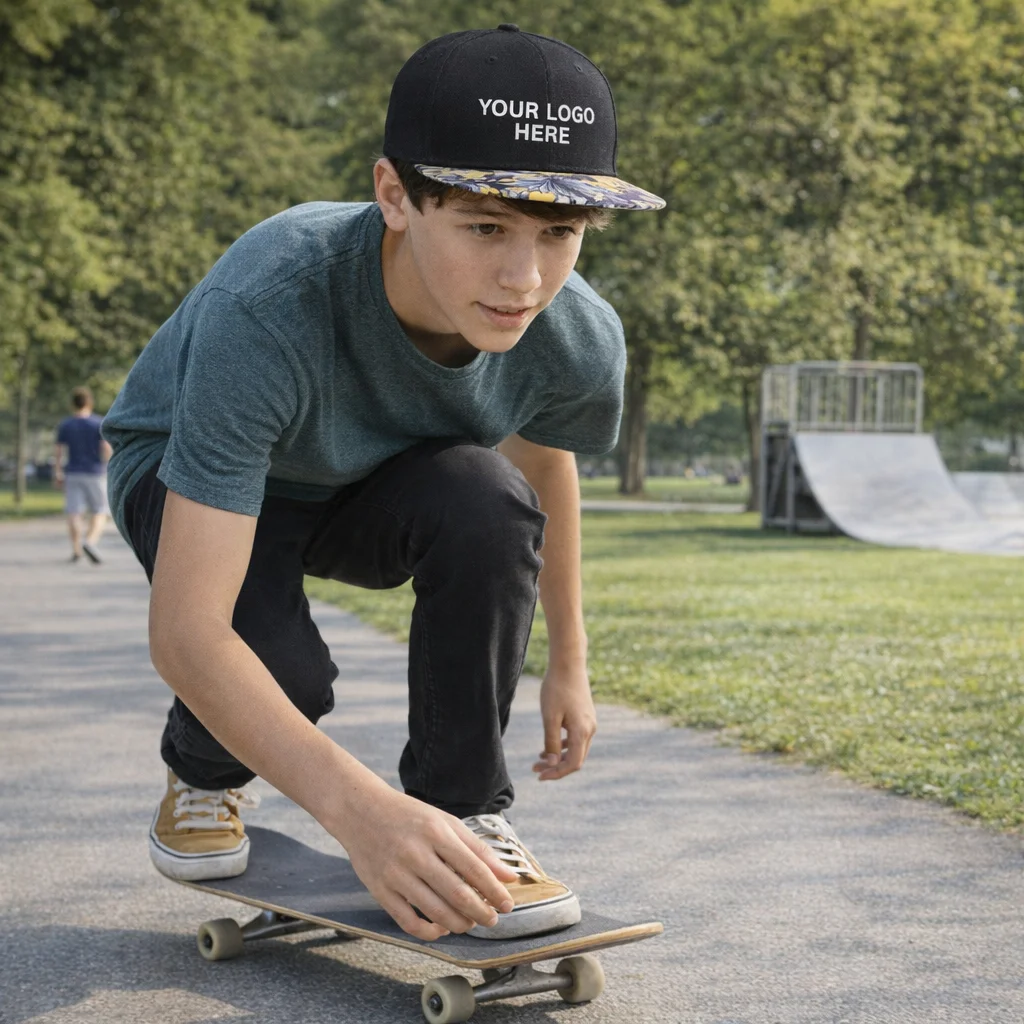 Teen boy in a Paxton Custom Flat Peak Cap skateboards by a ramp at the park.