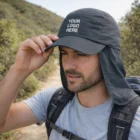 Man hiking outdoors in Legionnaires Cap, with neck flap, holding brim and wearing backpack.