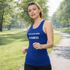 Woman jogging in a park wearing a blue Sols Sporty Womens Tank Top.