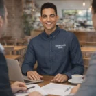 Smiling man in café wears Sols Barry Mens Denim Shirt with Your Logo Here at a table.