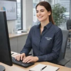 Smiling woman at desk wears Sols Barry Womens Denim Shirt with Your Logo Here in office.