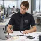 Man in black Sols Broadway Short Sleeve Shirt and tie at desk, shirt reads Your Logo Here.