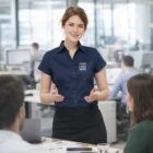 Woman in navy Sols Excess Short Sleeve Shirt presenting; Your Logo Here on shirt.