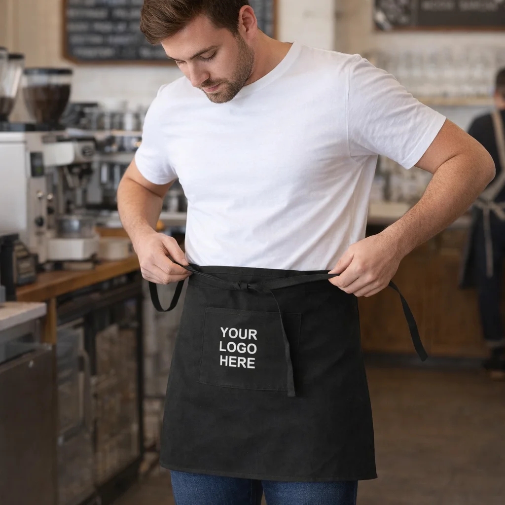 Man in a coffee shop tying a Raya Full Length Waist Apron with your logo on the front pocket.