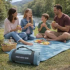 A family picnics by a river on Thredbo Logo Branded Fleece Blankets with a picnic basket.