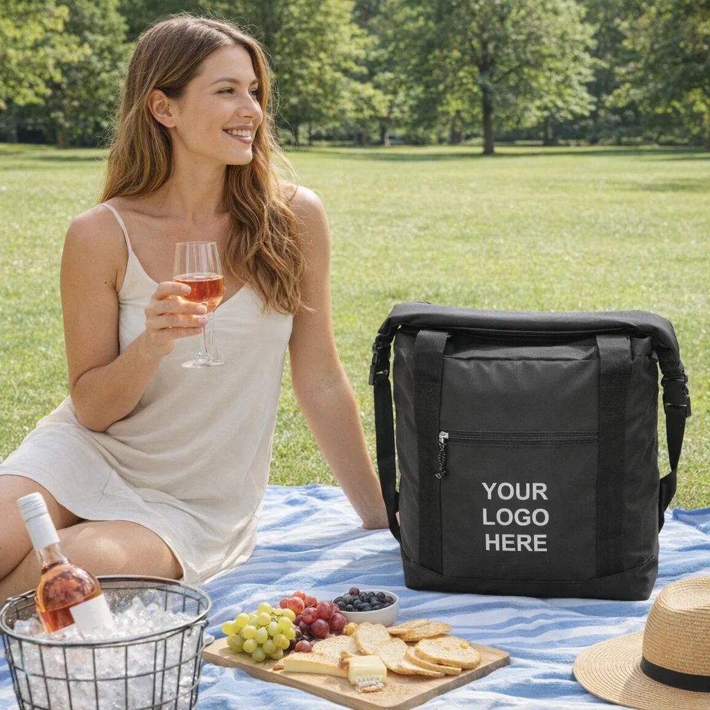 Woman enjoys wine at a picnic with a Currawong Branded Roll Top Cooler Bag.