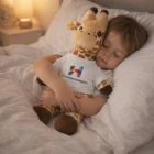 Young child sleeping, cuddling Giraffe Branded Plush Toys in bed.