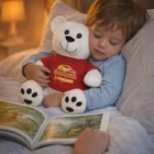 A child cuddles a Cotton Bear Personalised Plush Toy in bed while reading a book.